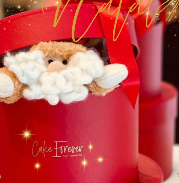 Papai Noel de Pelúcia na Caixa Sombrerera Vermelha Cake Forever
